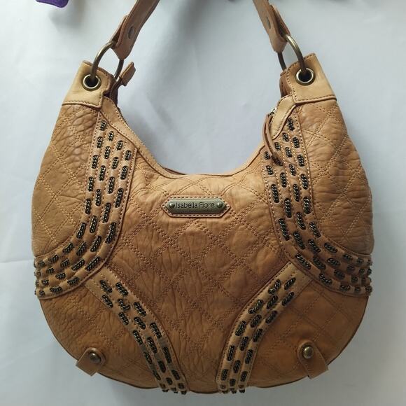 Isabella Fiore Tan Brown Learher Stitching Zipper Closure Hobo Shoulder Bag - Picture 2 of 16